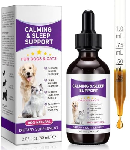 Liquid Melatonin for Dogs & Cats, 60ml Dog Melatonin Calming Drops with L-Theanine, Cat Calming Dog Sleep Aid Support Anxiety Relief for Travel, Separation, Barking, Fireworks