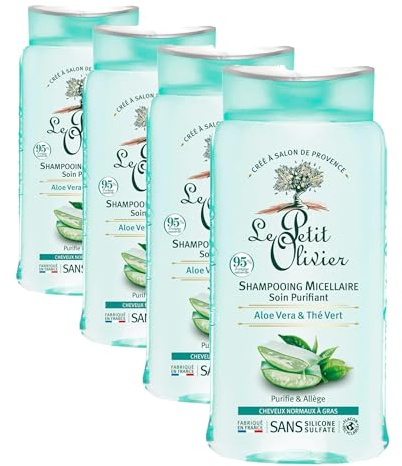 LE PETIT OLIVIER - Shampooing Micellaire Soin Purifiant - Aloe Vera & Thé Vert - Purifie & Allège - Cheveux Normaux À Gras - Sans Silicone/Sulfate - Fabriqué en France - 250 ml (Lot de 4)