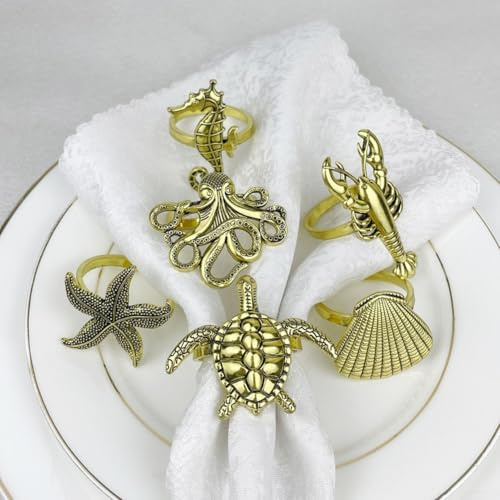 Pumixiy Metall-Serviettenringe, 6 Stück, für Heimdekoration, Themengeschirr mit Seestern, Muschel, Hummer, Schildkröte, Seepferdchen-Design, Zinklegierung, Serviettenhalter in Gold