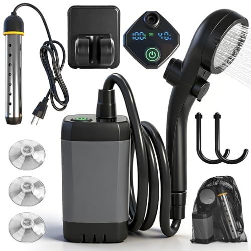 Portable Shower for Camping with Immersion Water Heater, 6000mAh Rechargeable Camping Shower Pump with Intelligent LED Display, Outdoor Camp Shower Pump for Hiking, Traveling, Car Washing, Pet Bath