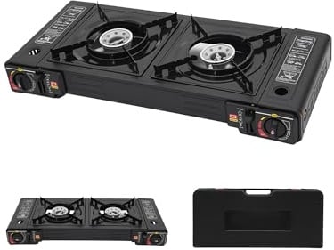 Goddlgjik Fornello da Campeggio 2 Fuochi 2,5 kW, Fornello a Gas 2 Fuochi con borsa portatile, per butano/GPL, Accensione Piezoelettrica, per camper, appartamenti, Esterno