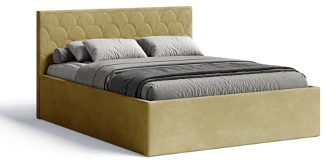 Meblofun Polsterbett Radius mit Kopfteil, 180x200 cm, Doppelbett mit Bettkasten und Lattenrost aus Holz, Velourstoff, Farbe: Gelb