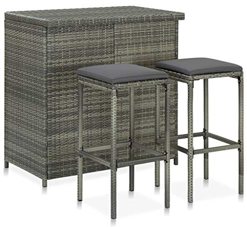 Qnhdfrt 3-TLG. Bar Set Poly Rattan Grau, Gartenbar Set mit 1 Bartisch und 2 Barhockern inkl. Sitzkissen, Outdoor Tresen Set mit Stauraum-Regalen für Balkon und Terrasse