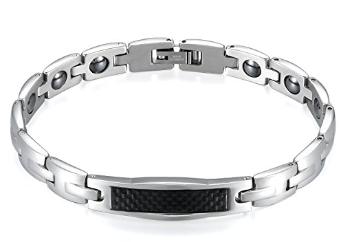 JewelryWe Schmuck Herren Magnetarmband, Lieben Freundschaftsarmband, Magnet Partner Armband aus Edelstahl Kohlenstoff Faser, Schwarz Silber, kostenlos Gravur