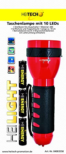 HEITECH Taschenlampe mit 10 LEDs - drehbarer Ein/Aus-Schalter, inkl. 3 Mignon-Batterien