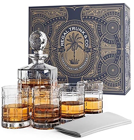 Regal Trunk & Co. Whiskey Decanter Gift Set - Premium Square Engraved Crystal Decanter and Whiskey Glasses Set of 4 - Ideal Whiskey Gift Sets for Men - Brandy, Scotch Carafe Set with Polishing Cloth