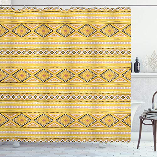 ABAKUHAUS Aztec Duschvorhang, Tribal Timeless, Stoffliches Gewebe Badezimmerdekorationsset mit Haken, 175 x 200 cm, Gelb Blush Brown