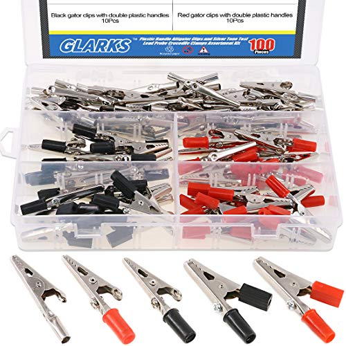 Glarks Lot de 100 pinces crocodiles en métal de 53 mm pour test de laboratoire, 50 pièces avec mains en plastique rouge et noir et 50 pièces sans capuchon