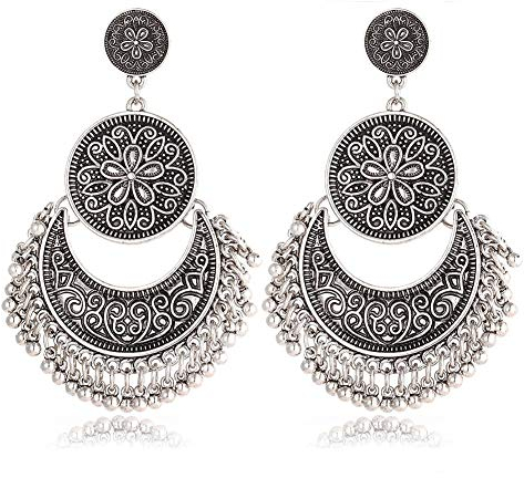 AILUOR Bohème Ethnischer Kronleuchter Quaste Hoop Ohrringe, Vintage Style Fransen Blumen Quasten baumeln Ohrringe für Frauen Lotus Mexiko Zigeuner Tropfen baumeln Ohrring für Frauen Schmuck (Silber)