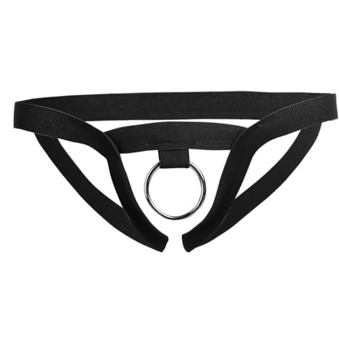 MSemis Herren G-String Tanga Jockstrap Stretch Unterwäsche Low Rise Bikini Slips T-Back Thong Erotik Dessous mit Metallic O-Ring Schwarz Einheitsgröße