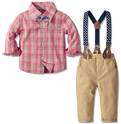 Yilaku Tenues de mariage enfant garçon chemise à carreaux + nœud papillon + bretelles + pantalon 4 pièces costume de soirée tenue Gentilhomme (Rose ,2-3 ans)