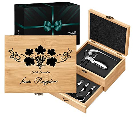 Maverton Accessori da Vino La Dedica - Kit Cavatappi da Vino Personalizzato - Scatola in Legno di bambù + 8 Pezzi di Accessori Vino - Idee Regalo per Anniversario - Grappolo