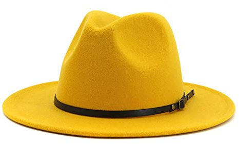 QUUPY Women Wide Brim Fedora Hat with Belt Buckle Classic Panama Hat Yellow