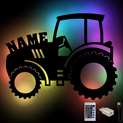 Namofactur Personalisierte Traktor Wand-Deko Farbwechsel Wand-Lampe Holz Licht Geschenkidee für Männer Junge Landwirt I USB + Fernbedienung