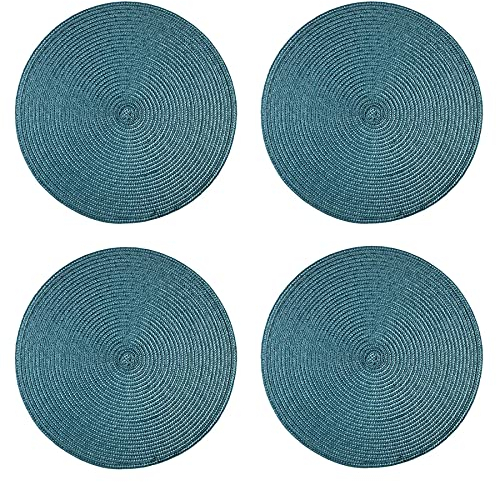 Tischset 4er Set rund 35 cm Petrol Platzset geflochtene Optik Untersetzer abwaschbar Platzdeckchen Tischuntersetzer wasserabweisend pflegeleicht Esszimmer
