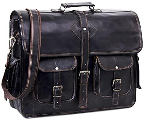 Hulsh Black Leather Messenger Bag for Men and Women 18 Inch,Handmade Vintage Genuine Leather Laptop Bag for Men, Black, L