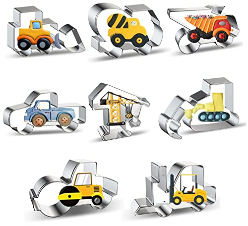 Construction Truck Cookie Cutter Set of 8 - Bulldozer Cement Mixer Dump Truck Pickup Truck Crane Excavator Forklift - Construction Equipment Engineering Vehicle Car Cookie Cutters Shapes Mold for Kids