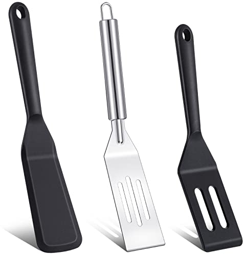 3 Pieces Silicone Crepe Spatula Kitchen Brownie Spatula Cooking Narrow Spatula Nonstick Mini Serving Spatula Stainless Steel Mini Slotted Turner Pan Flipper for Brownies Pancake Cookie Egg