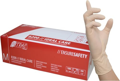 Nitras 8200-M IDEAL CARE Latex Einmalhandschuhe, Unsteril, Rollrand, Puderfrei, Natürlich, M Größe, 100 Stück