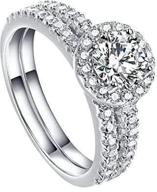 BCughia Ring, Ring Mädchen Weiß Rundschliff Zirkonia Sterlingsilber Deluxe 2-Set-Design Hochzeit Ringe Damen Größe 60(19.1)