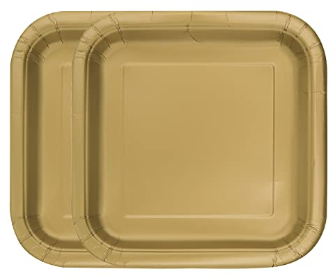 WedDecor Paquete de 14 Platos de Papel, Platos de Papel Desechables Cuadrados Fuertes de 9 x 9 Pulgadas, picnics, barbacoas, cumpleaños, Baby Shower, Bodas y Eventos de Navidad, Dorado