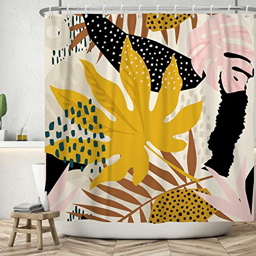 Bovlleetd 152x183cm Gold Ahornblatt Duschvorhang Abstrakte Kunst Badezimmer Vorhang Bohemian Mid-Century Duschvorhänge Rosa Grau Pflanze Blätter Duschvorhänge für Bad Dekor