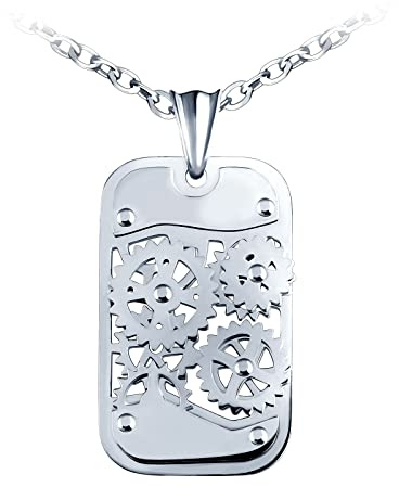 MicVivien Edelstahl Anhänger Erkennungsmarke Kette Dog Tag ID Tag mit Mechanische Zahnräder Männer Anhänger Herrenkette