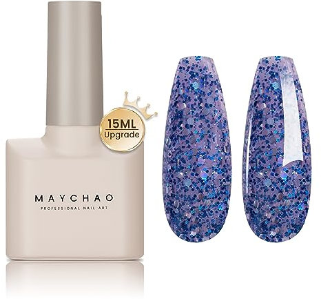 MAYCHAO Glitter Gel Nail Polish, 15ML Purple Blue Glitter Gel Nail Polish, Soak Off UV LED Purple Blue Sequins Gel Polish Nail Art Starter Manicure Salon DIY at Home, 0.5 OZ