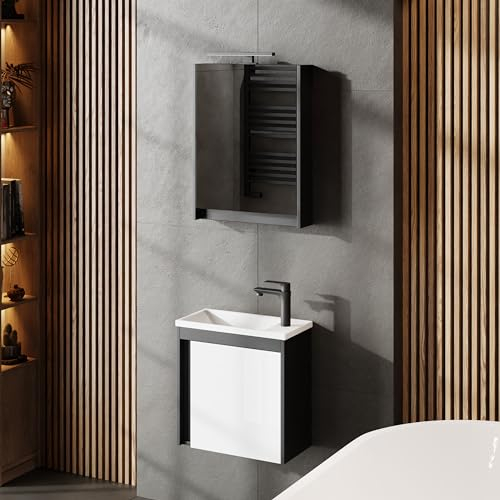 Planetmöbel Badmöbel Set 3-teilig Waschbecken mit Unterschrank 50 x 48,3 x 24,8 cm grau matt/weiß Hochglanz, Spiegelschrank 50 x 65 x 11,4 cm mit LED Aufbauleuchte