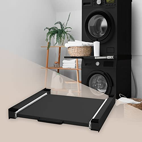ML-Design Zwischenbaurahmen mit Ausziehplatte aus Stahl, 60x60 cm, Schwarz, Verbindungsrahmen für Waschmaschine/Trockner, Zwischenbausatz mit Auszug als Ablage für Wäschekorb, Zwischenrahmen Universal