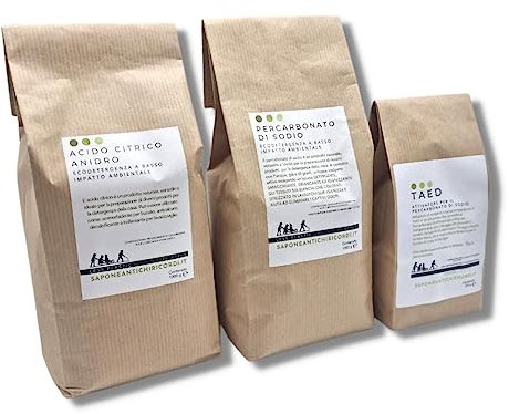 Pack 3 Sacchetti - 1 kg Acido Citrico, Ideale come Ammorbidente e Pulizia di Lavatrice e Lavastoviglie + 1 kg sodio percarbonato Detergente e Igienizzante + 250g. TAED attivatore per percarbonato