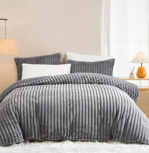 Lanqinglv Plüsch Bettwäsche 135x200 4 Teilig Dunkelgrau Flauschig Kunstfell Warme Winterbettwäsche 2er Set,Teddy Fleece Cashmere Touch Flanell 2 Bettbezug mit Reißverschluss und 2 Kissenbezug 80x80cm