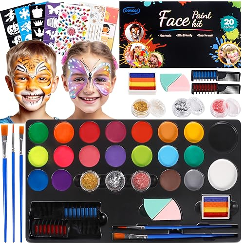 DONGQI Pinturas Cara para Niños, 20 Colores Pintacaras Infantil HipoalergéNico, UV Fluorescente Pintura Cara para Niños, Maquillaje para Niñas Halloween Festival Fiesta Cosplay