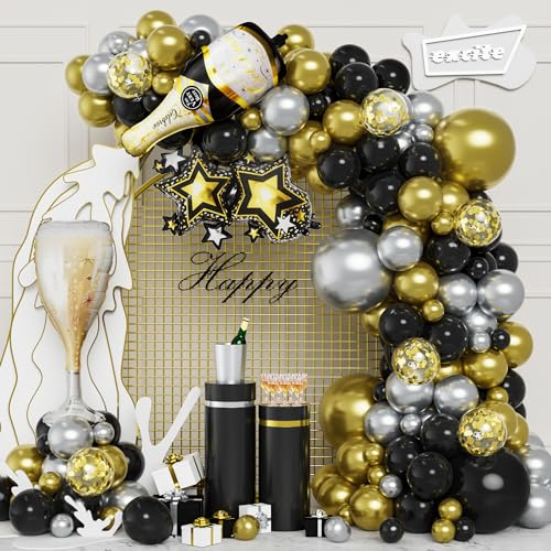 Schwarz Gold Silber Luftballons, 112 Stück Schwarz Gold Ballon Bogen Set Geburtstags Dekoration für Jungen Männer Party Ballons mit Flaschen Folienballons zum Geburtstag Abschluss Jahrestag