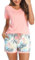 Litherday Schlafanzug Damen Kurzarm Sommer Shorty Pyjama Set aus Baumwolle Zweiteilig mit Karierten Shorts V-Ausschnitt Elastischer Bund & Loungewear,Rosa Pflanze,L