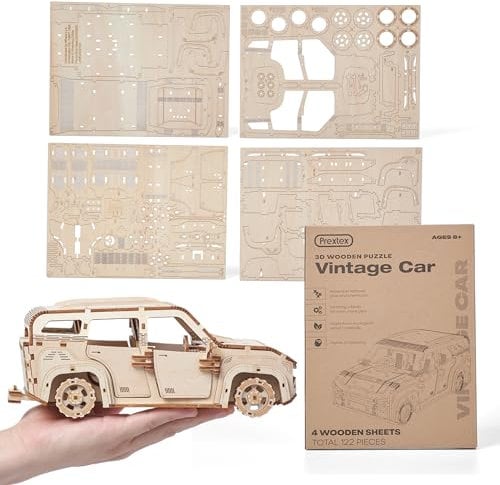 Prextex 3D Holzauto Puzzle - Oldtimer Kit - 122 Präzisionsteile Stabiles Holz - Kein Kleber für die Montage erforderlich - Holzpuzzles für Erwachsene - Ideal für Hobbyisten, Sammler & Geschenke - 30,5