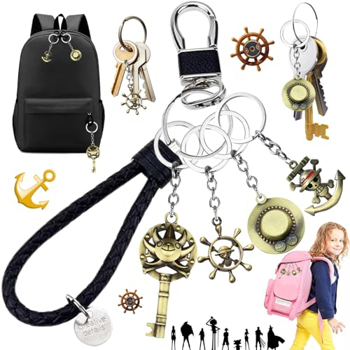 Porte-Clés One Piece Straw Hat Luffy Keychain Pendentif Squelette Pirates Keyring Anime Porte Clés Créatif Cosplay avec Corde Accessoires Bronze