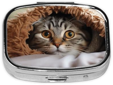 Pillendose mit Katzen-Motiv, mit 2 Fächern, rund, tragbar, Reise-Pillendose, kleiner Medizin-Organizer für Tasche, Geldbörse, Vitamine