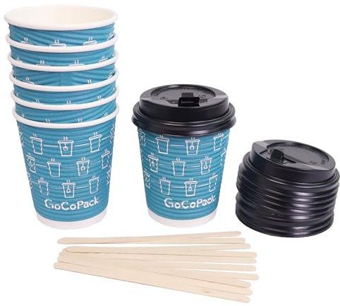 GoCoPack Paper Coffee Cups Set: Pack of 30-12oz (340ml) Ripple Paper Cups with Sip Lids and Stirrers - Perfect for Hot Drinks - Triple Wall for Extra Heat Protection