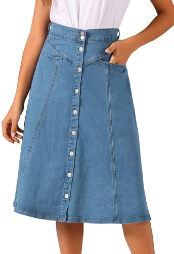 Allegra K Damen Denim Rock Dehnbar Hoher Taille Knopfleist Lang Jeansrock A-Linie Tasche Midirock Hellblau M