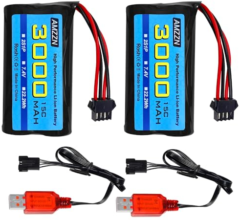 AMZZN 2 Stück 7,4V 3000mAh 15C 2S SM-4P Li-Ion Stecker Batterie mit USB-Ladegerät für EC08 DE85 RC Auto, LKW RC Schiff Fernbedienung Drohne Technik Fahrzeug Ersatzbatterie