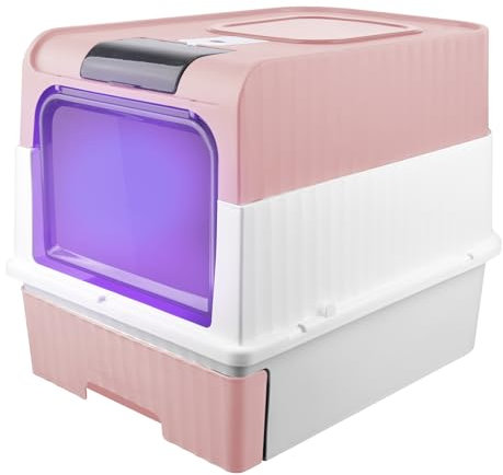 Caja de Arena para Gatos Plegable, Arenero Gatos Cubierto con Cajon, Inodoro para Mascotas para Gatos con Entrada Superior Medium-48 * 35 * 36cm. Rosa