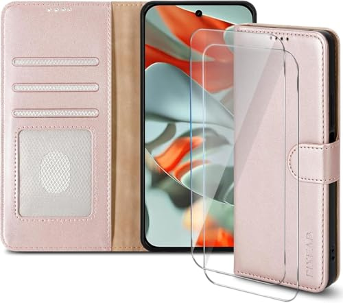 PIXFAB Case for Samsung Galaxy S24 FE 2 x Screen Protector Tempered Glass, Leather Wallet Phone Case, Magnetic Book Flip Folio Cover [RFID Protection & Card Slots] and [Kickstand] - Rose Gold