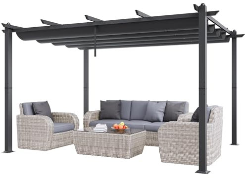 VEVOR Pergola rétractable extérieure 3 x 4 m, tonnelle de Jardin en Aluminium avec auvent Pare-Soleil en Toile Polyester Haute densité Anti-UV, pour patios, Jardins, terrasses, arrière-Cours, Gris