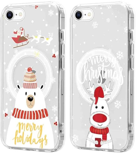 Xylota 2 Stück Magnetisch Hülle für iPhone 8/7/SE 2022/SE 2020 4,7'' [Kompatibel mit MagSafe], Weihnachten Transparent Handyhülle, Weihnachtsmann Christmas Klare Schutzhülle für iPhone 8,Schneemann 04
