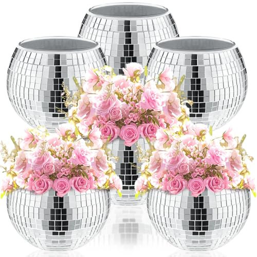 GSYUWIH 6 Pcs Disco Ball Planter,Silver Disco Ball Vase,Mirrored Disco Ball Decorative Vase,Disco Ball Centerpieces,for Wedding Centrepieces, Proms, Birthday Parties, Dining Tables, Bedrooms