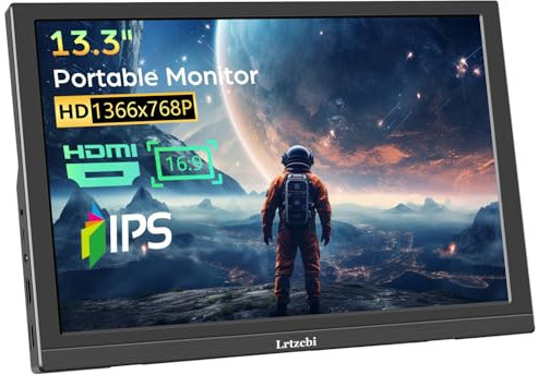 Lrtzcbi Portable Monitor 13.3 Inch, HD 1366x768P LED Display Small HDMI Monitor, Built-in Speaker and Dual HDMI Port, External Display for Laptop/PC/Switch/PS3/4/Raspberry Pi