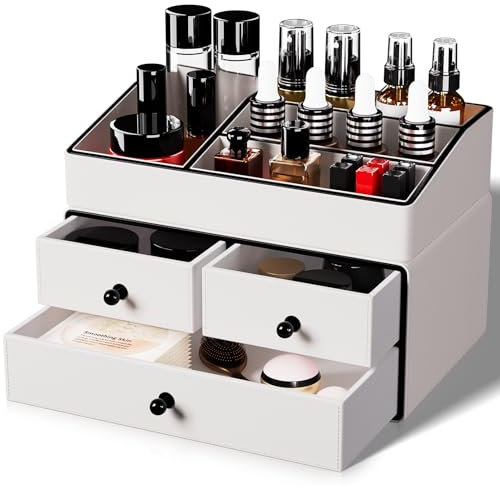 GORESE Organizzatore per Cosmetici, 2 Ripiani 3 Cassetti Organizer Trucchi in Pelle Make Up Porta Trucchi Organizer da Scrivania Organizer Bagno per Camera da Letto, Bagno, Tavolo da Toeletta(Bianco)