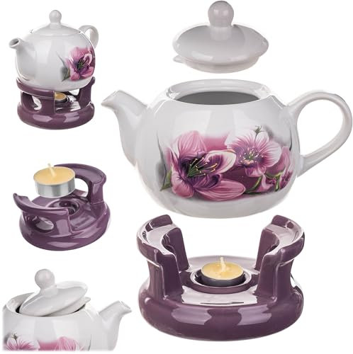 KADAX Teekanne 1L mit Stövchen Set, Kaffeekanne aus Keramik mit Deckel, Griff und Teestövchen, Kanne mit Teelicht Wärmer für Tee, Teeservice (Weiß/Violett)