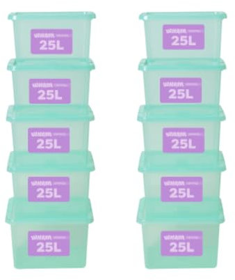 Wham Plastic Storage Boxes With Lids Home Office Stackable Nestable Container Box, 25L Easy fit Underbed Protective Storage Box, 42.5 x 33 x 25.5 cm - Tint Spearmint (Set of 10)